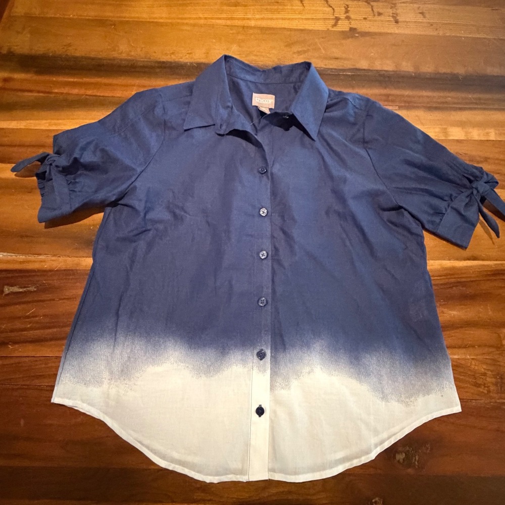 Chicos Dip Dye Ombre Cotton Button Down Shirt Navy White Short Sleeve Small
